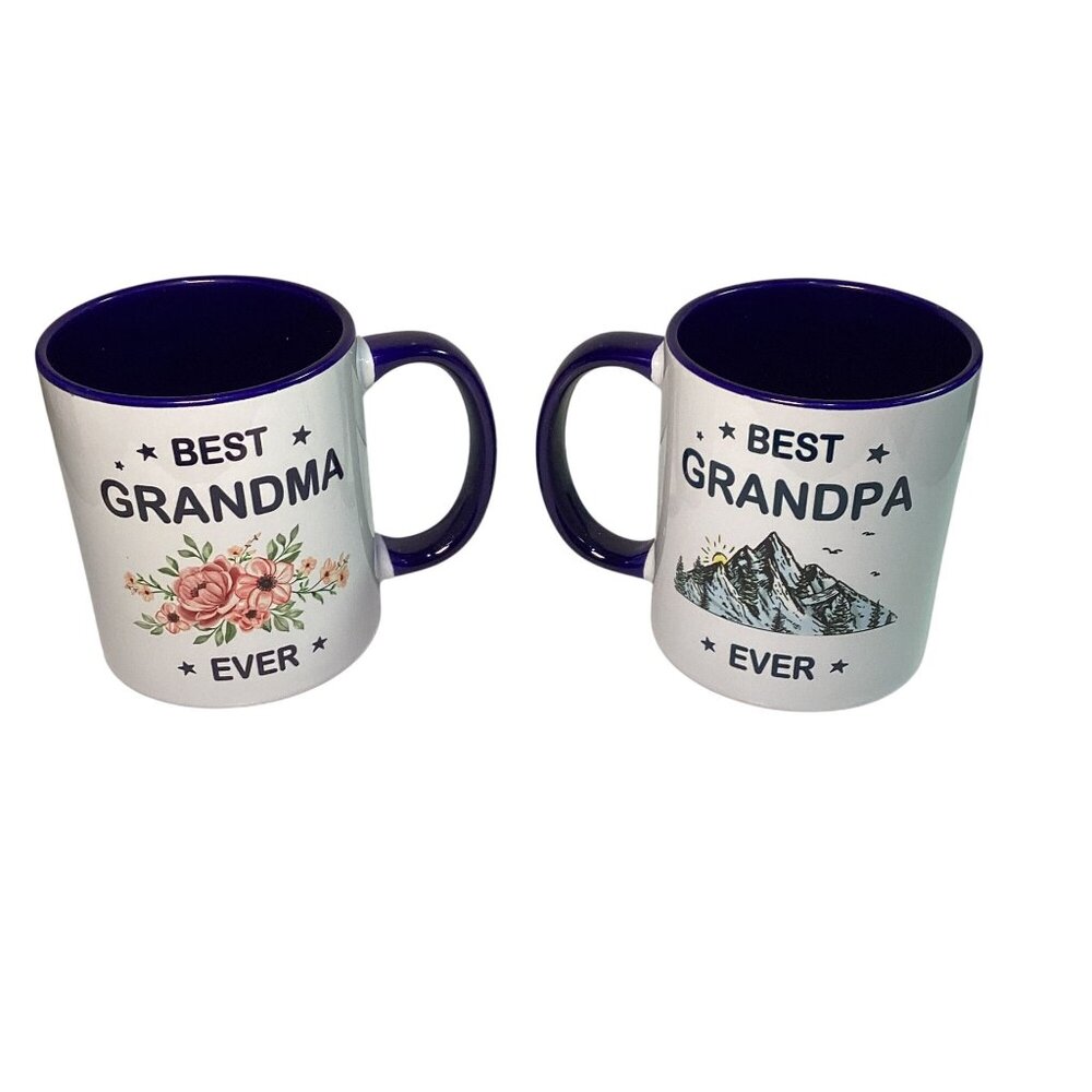 Best Grandma and Best Grandpa Decorative White / Blue Std Coffee Mugs New w Box
